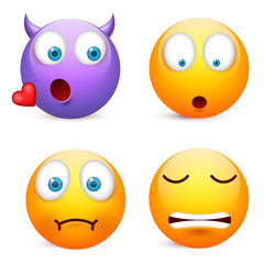 Smiley with blue eyes,emoticon set. Yellow face with emotions. Facial expression. 3d realistic emoji. Sad,happy,angry faces.Funny cartoon character.Mood.Vector illustration.