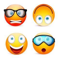 Smiley with blue eyes,emoticon set. Yellow face with emotions. Facial expression. 3d realistic emoji. Sad,happy,angry faces.Funny cartoon character.Mood.Vector illustration.