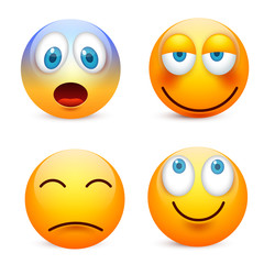 Smiley with blue eyes,emoticon set. Yellow face with emotions. Facial expression. 3d realistic emoji. Sad,happy,angry faces.Funny cartoon character.Mood.Vector illustration.