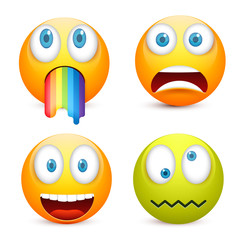 Smiley with blue eyes,emoticon set. Yellow face with emotions. Facial expression. 3d realistic emoji. Sad,happy,angry faces.Funny cartoon character.Mood.Vector illustration.