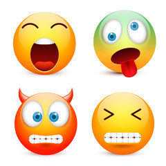 Smiley with blue eyes,emoticon set. Yellow face with emotions. Facial expression. 3d realistic emoji. Sad,happy,angry faces.Funny cartoon character.Mood.Vector illustration.