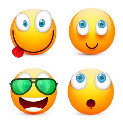Smiley with blue eyes,emoticon set. Yellow face with emotions. Facial expression. 3d realistic emoji. Sad,happy,angry faces.Funny cartoon character.Mood.Vector illustration.