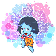 Very happy little Krishna is jumping.