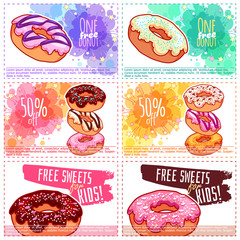 Six different kids discount coupons for donuts.