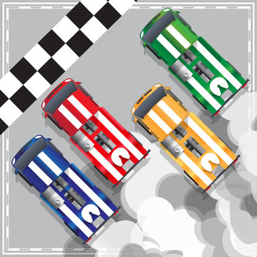 Racing trucks at the finish. View from above. Vector illustration.