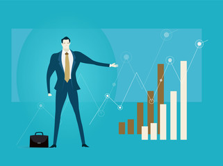 Successful businessmen at the presentation against of growth charts, diagrams and information screen. Business concept illustration.