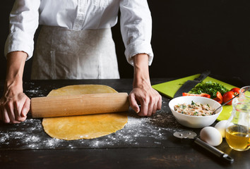 Obraz na płótnie Canvas Woman chef cooks step by step the traditional ravioli