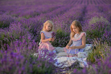 Beautiful girls in a field of lavender on sunset. Beautiful girls in amazing dresses walk on the field of lavender.