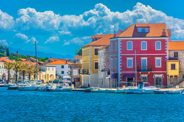 Hvar Croatia. / Seafront view at mediterranean town Starigrad, famous travel harbor on island Hvar, Croatia. - obrazy, fototapety, plakaty