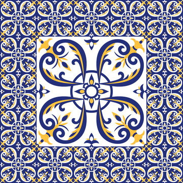 Tiles floor pattern vector with ceramic cement tiles. Big tile in center is framed in small. Background with portuguese azulejo, mexican, moroccan, spanish, arabic motifs.