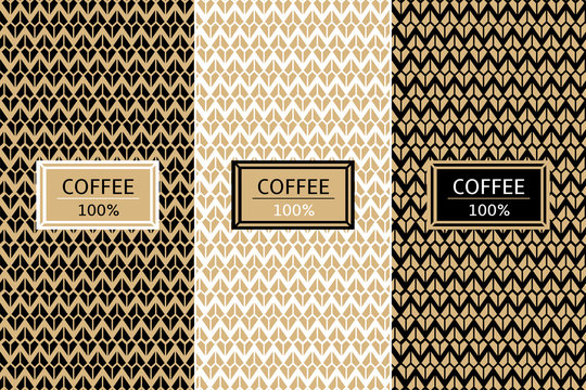 Coffee Package set template vector. Luxury collection of seamless patterns for royal label design. Tag for drink products, cocoa bean sweets, wrapping paper and coffee shop.