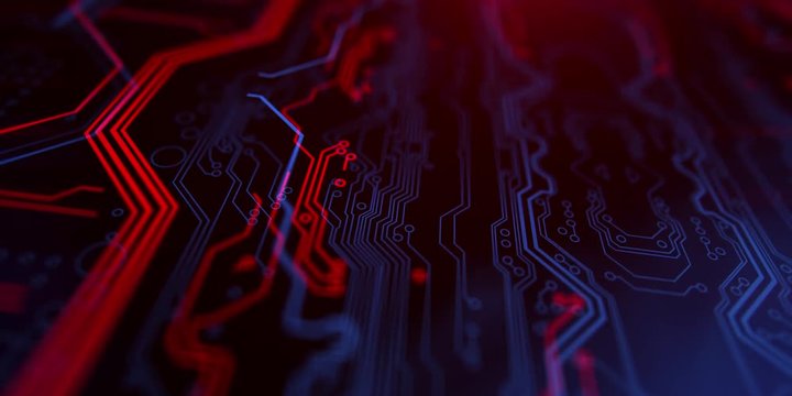 Terminal video. Technology background. Circuit board futuristic server code processing. PCB, Code, HTML. Red, blue background with digital integrated network technology. Printed circuit board. 