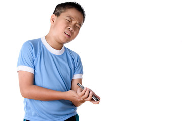 Young asian boy has pain at arm