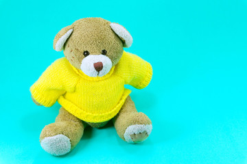 Brown Teddy bear toy wear yellow shirts sitting on green background