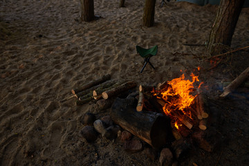 Top outdoor view of woods burning in fireplace. Some tourists or trekkers built campfire on sandy beach to warm themselves on cold autumn evening, make tea and prepare food. Traveling and adventure