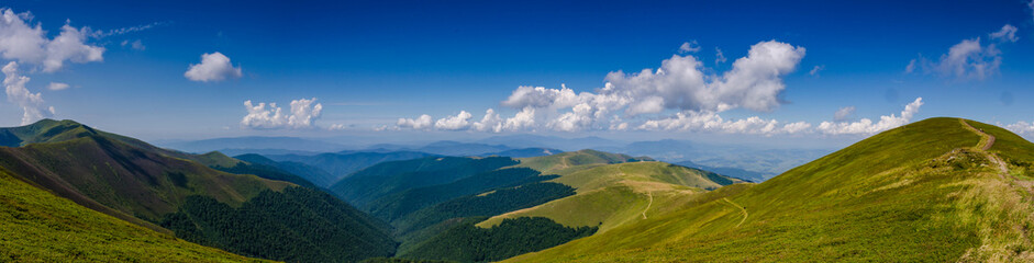 Panorama landscape view in the Ukrainian Carpathian mounrains - obrazy, fototapety, plakaty