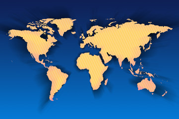 Yellow world map with long shadow on dark blue background