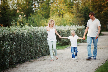 Fototapeta premium Happy young family walking on path in Park holding hands.