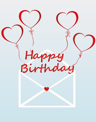 Letters of happy birthday on the balls in the form of a heart fly