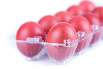 Selectivve focus on red color eggs for festive greetings gift