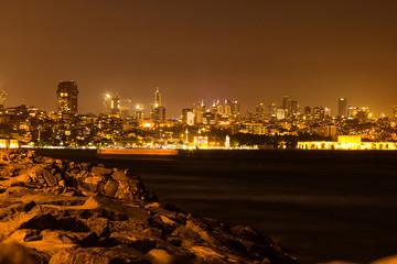Fototapeta premium Panorama of the two shores of the Bosphorus Strait. Istanbul bridge at night Turkey