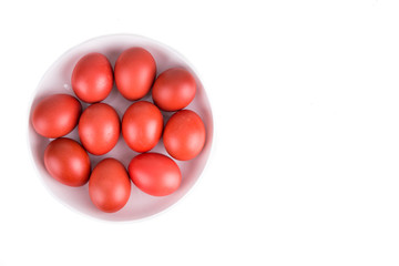 Red color eggs on bowl for festive and religious purpose