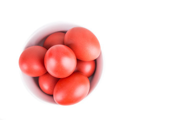 Red color eggs on bowl for festive and religious purpose
