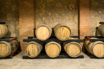Wooden wine barrels in a old wine cellar in Dobrogea, Romania