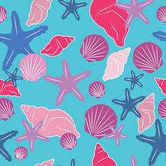 Blue and pink seashells seamless pattern