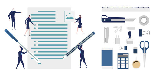 Obraz premium A business man and woman are working. Business Concept of searching professional staff, analyzing personnel resume, office accessories.