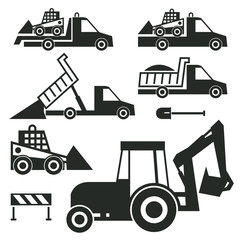 Construction trucks and tractor icons or signs set