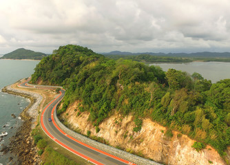 Aerial view of the eastern coast with beautiful road by drone, Chanthaburi Prefecture of Thailand