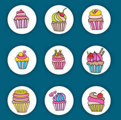 Cupcake cartoon doodle icon set. Cute elements for birthday or party decoration, greeting card,  advertisement, banner, flyer, brochure. Hand drawn vector illustration. 