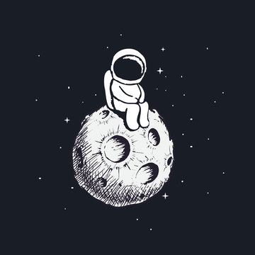 Cute little astronaut sits on Moon