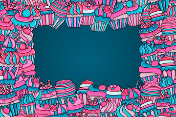 Cupcake cartoon doodle design. Cute background concept for birthday or party greeting card,  advertisement, banner, flyer, brochure. Hand drawn vector illustration.  Pink and blue color.