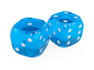 3d rendering two blue glass dices isolated on white background