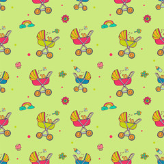 Seamless pattern with cute baby carriages.