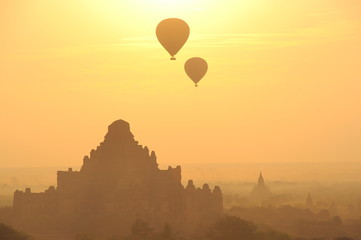 Temple with balloon  in Bagan