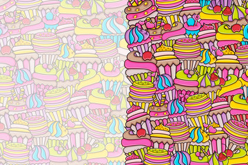 Cupcake cartoon doodle design. Cute background concept for birthday or party greeting card,  advertisement, banner, flyer, brochure. Hand drawn vector illustration. 