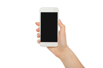 Woman's hand holding mobile phone, crop, cut out