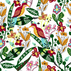 Seamless pattern with bird, leaves and flowers for textile design