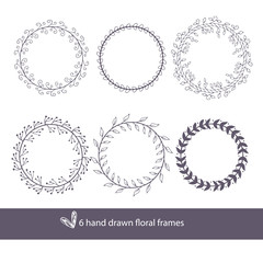 Unique hand drawn round frames - wedding decor elements in boho style. Vector floral collection.