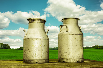 Milchkannen vor Wiese