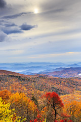 foggy mountain scene in fall