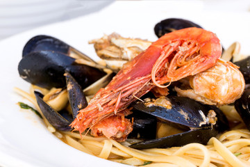 Pasta with Shrimp Dinner Dish on a the table