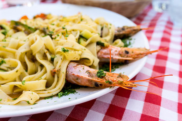 Pasta with Shrimp Dinner Dish on a the table