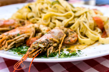 Pasta with Shrimp Dinner Dish on a the table