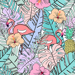 seamless pastel pattern with tropical leafs, flamingo birds, doodle vector
