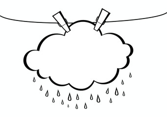 Cloud with Rain drop hang on a rope with clothespins. Vector. 
