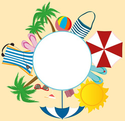 Fototapeta na wymiar Summer beach accessories. Banner design with white circle for text